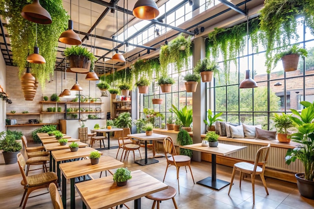 Photo light and airy plantfilled hanging garden cafe restaurant layout