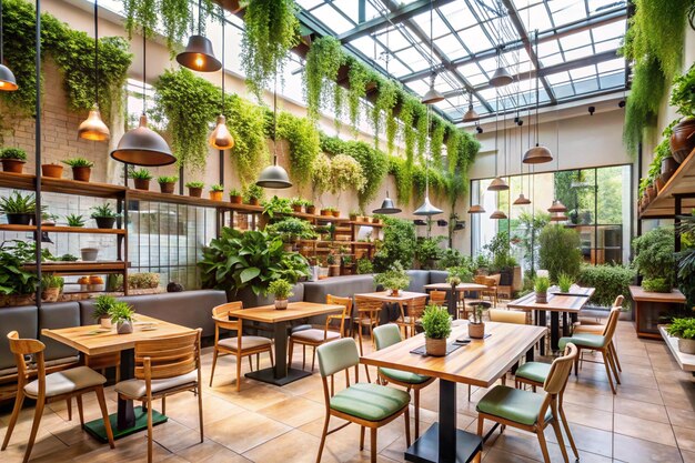 Photo light and airy plantfilled hanging garden cafe restaurant layout