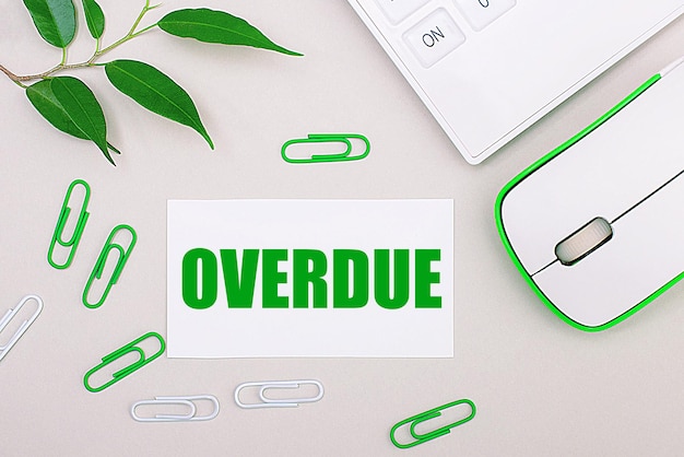 On a light background a white calculator a computer mouse green paper clips a green plant and a white blank sheet with the text OVERDUE Flat lay