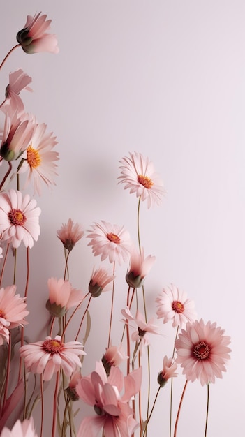 Light background with delicate flowers floral background Fresh blossom beautiful pink flowers isolated on pink background concept of spring flowers vertical photo