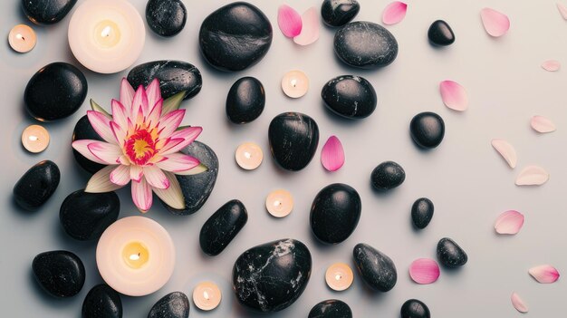 Light background with lotus black stones and candles View from above