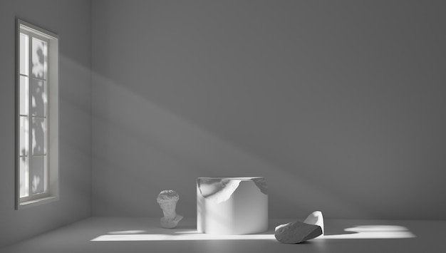 Light beam at the empty white marble stage with dark abstract wall and studio room gradientillustrat...