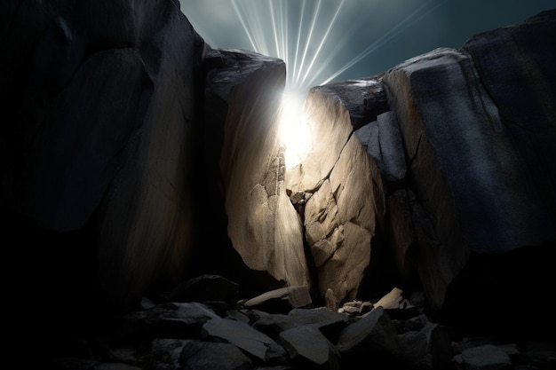 A light beam is shining through a rock wall.