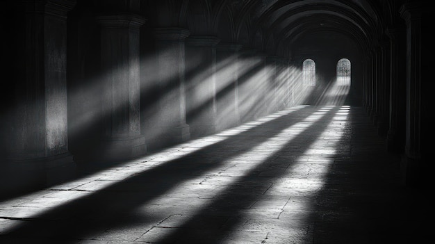 Photo light beams in a dark hallway