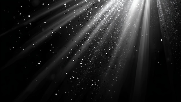 Photo light beams with white particles and sparkles on black background