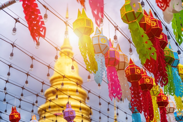 The light of the Beautiful Lanna lamp lantern are northern thai style lanterns in Loi Krathong or Yi Peng Festival at Wat Phra That Hariphunchai is a Buddhist temple in Lamphun Thailand