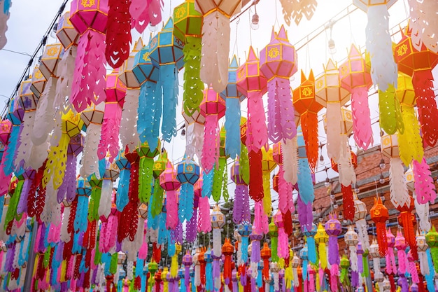 The light of the Beautiful Lanna lamp lantern are northern thai style lanterns in Loi Krathong or Yi Peng Festival at Wat Phra That Hariphunchai is a Buddhist temple in Lamphun Thailand