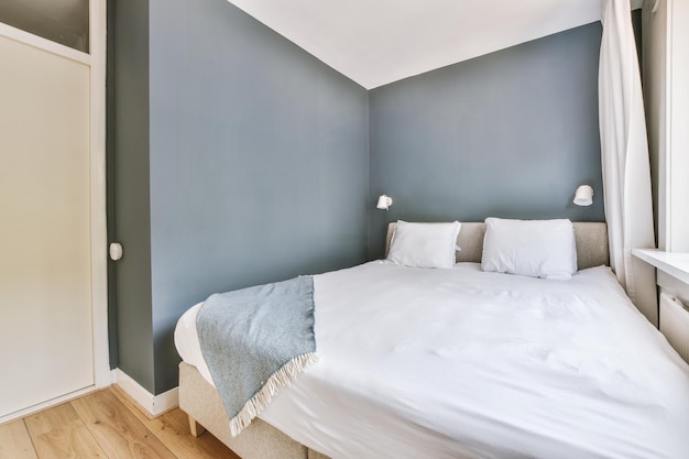 Light bedroom with wooden wardrobe