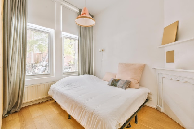 Light bedroom with wooden wardrobe