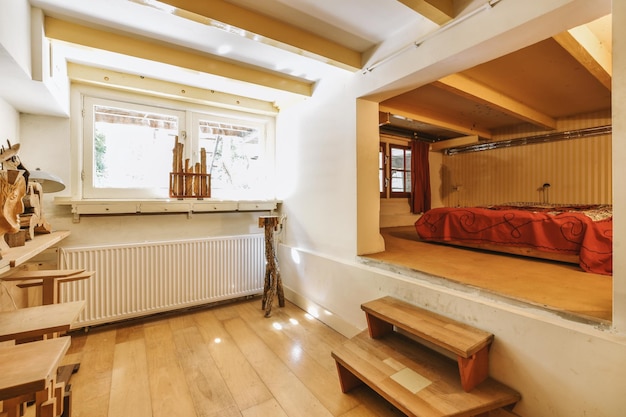 Light bedroom with wooden wardrobe