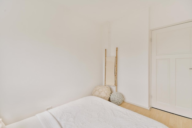 Light bedroom with wooden wardrobe