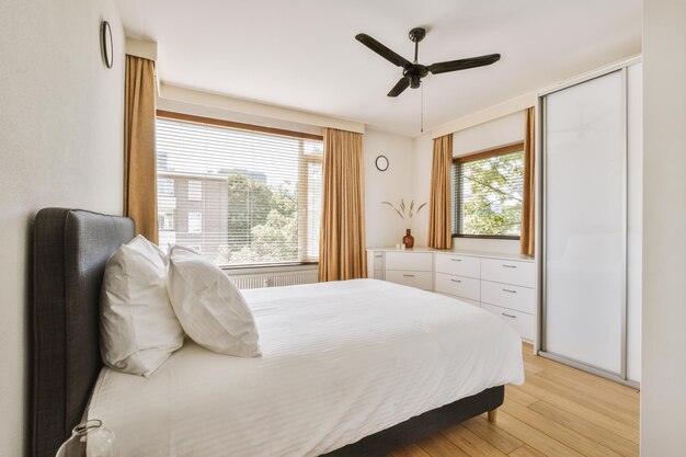 Light bedroom with wooden wardrobe