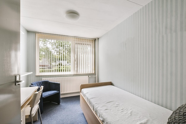 Light bedroom with wooden wardrobe