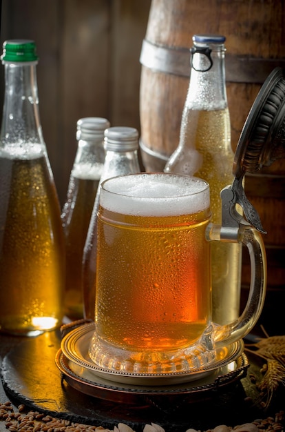 Light beer in a glass on an old background