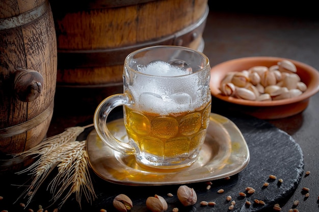 Light beer in a glass on an old background