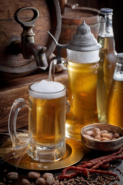 Light beer in a glass on an old background