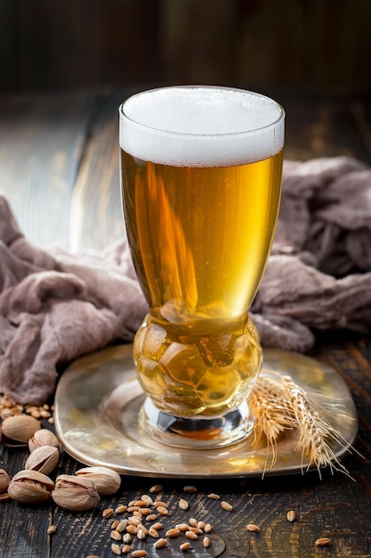 Light beer in a glass on an old background