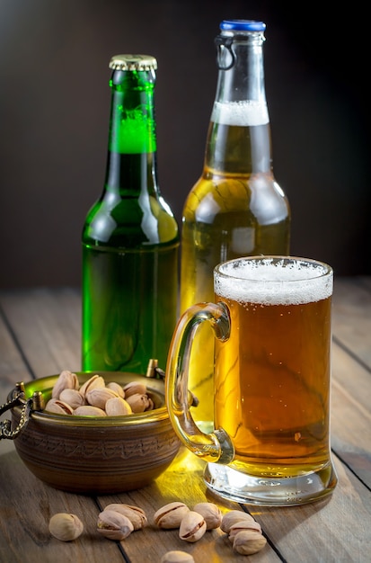 Light beer in a glass on the table