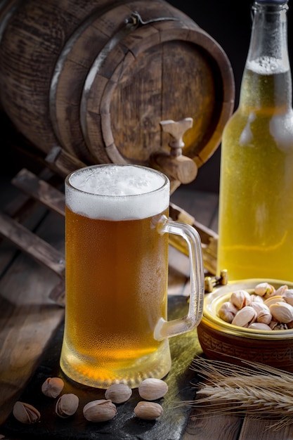 Light beer in a glass on the table