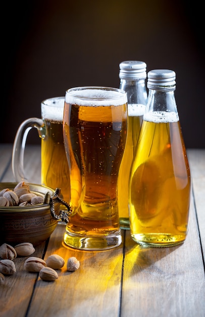 Light beer in a glass on the table