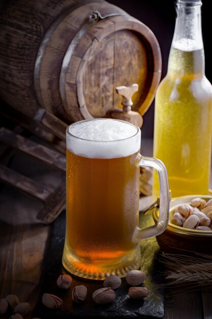 Light beer in a glass on the table