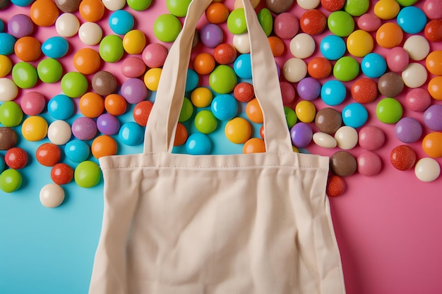 light beige blank linen tote bag mockup colorful candies for celebration concept for your or