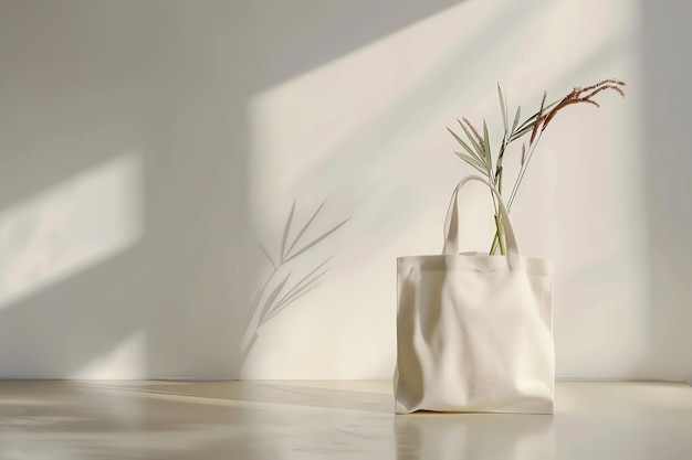 light beige blank linen tote bag mockup Office Desk for celebration concept for your advertising