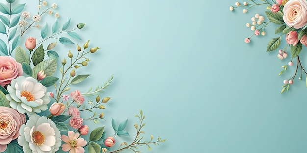 A light blue background with a border of flowers and leaves on the left side