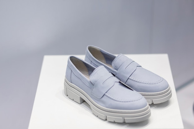 Light blue beautiful fashionable female loafers shoes