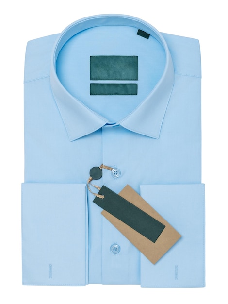 Light blue folded mens shirt with long sleeves and cuffs for cufflinks isolated on white background