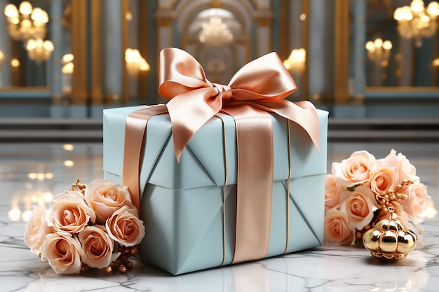 Light blue gift box with beige bow and roses in antique interior Generative AI