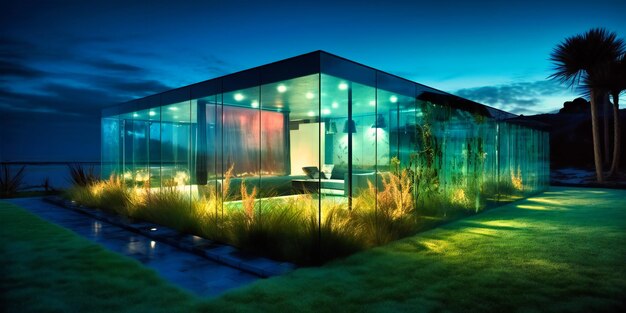 Light blue glass house area with green grass