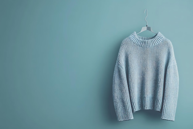 Photo a light blue knit sweater hanging on a hanger against a blue wall