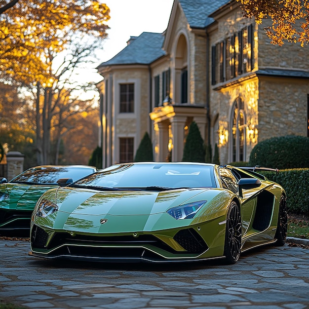 Photo a light blue lamborghini aventador automobile tail roadster and a bright green lamborghini in front