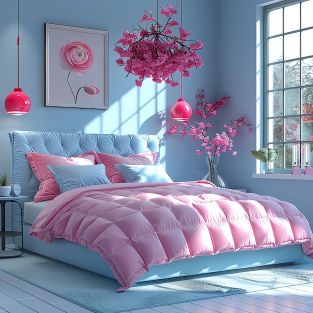 light blue and pink bedroom for video call