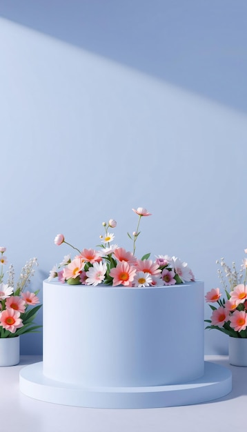 Photo light blue podium with pink and white flowers on a light blue background