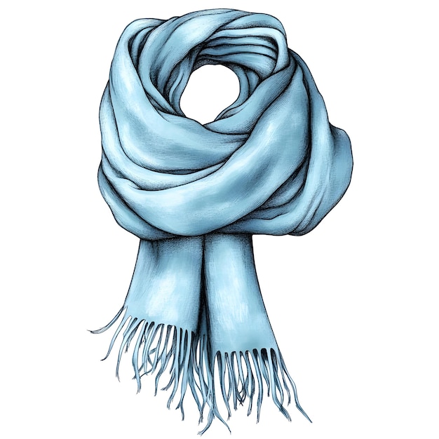 Photo a light blue scarf with fringed ends drawn in pencil and watercolor