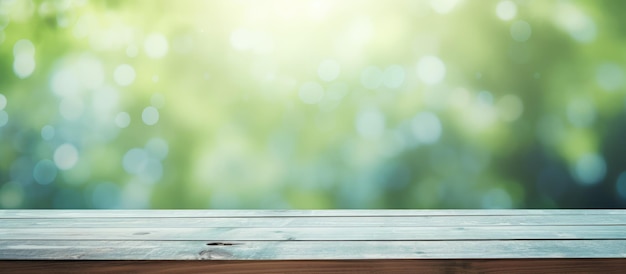 Light blue wooden board with blurred window and green bokeh background