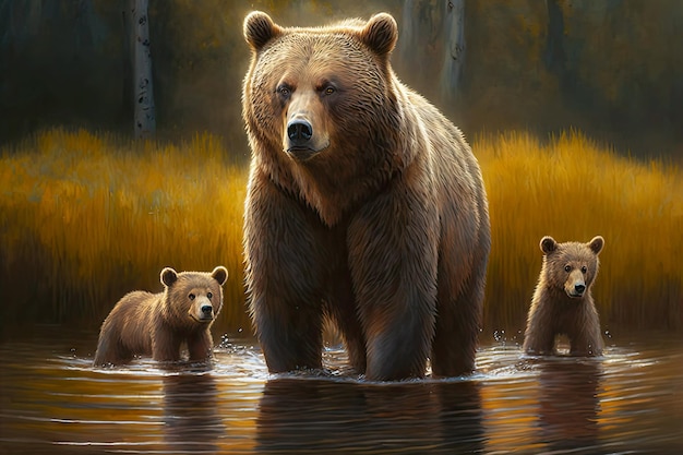 Light brown bear with cubs stands in water on edge of clearing created with generative ai