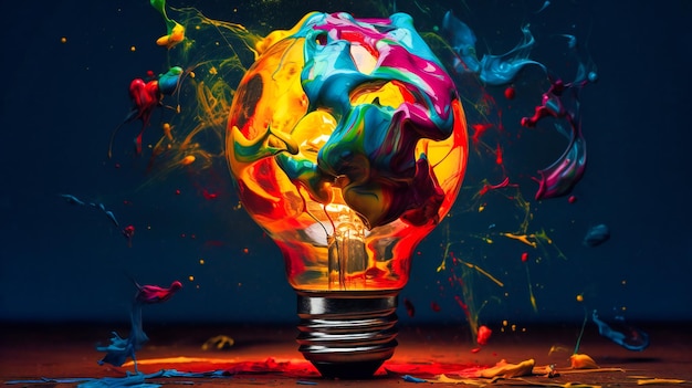 A light bulb being covered in colorful paint