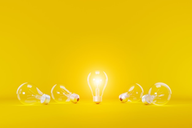 Light bulb bright outstanding among lightbulb on yellow background Concept of creative idea and innovation Unique Think different Individual and standing out from the crowd 3d illustration