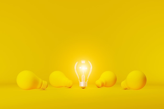 Light bulb bright outstanding among lightbulb on yellow background. Concept of creative idea and innovation, Unique, Think different, Individual and standing out from the crowd. 3d illustration