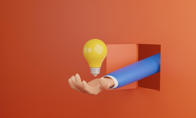 Light bulb on a businessman's hand sticking out of a door on an orange background