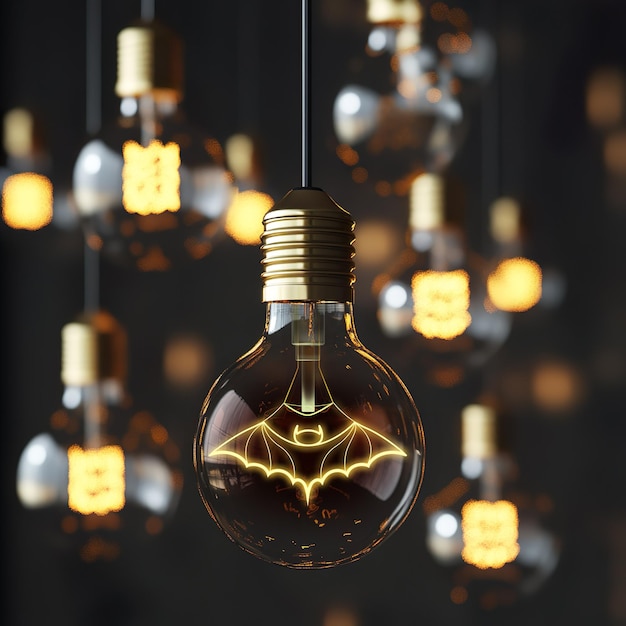 Photo light bulb on dark background and graphic image of bat halloween concept witchcraft night time