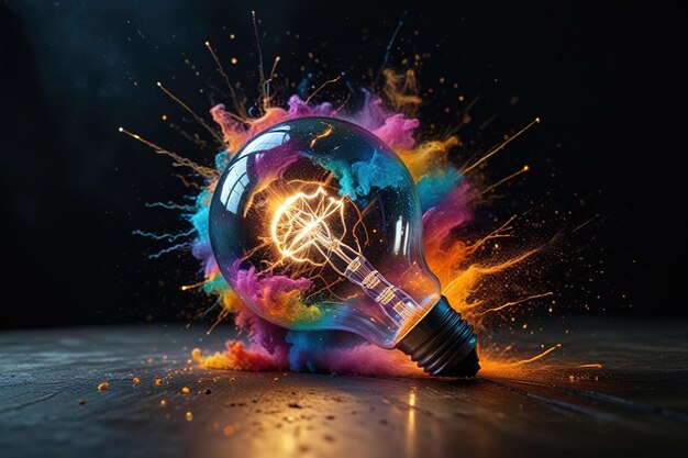 Photo light bulb explodes with colorful dust splashes and electric flame ideas creativity