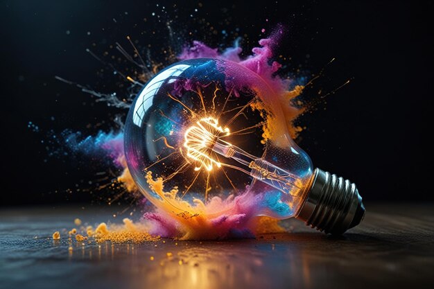 Photo light bulb explodes with colorful dust splashes and electric flame ideas creativity