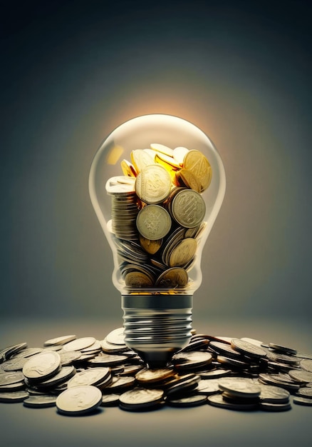 Light bulb filled with coins sitting on top of pile of coins Generative AI