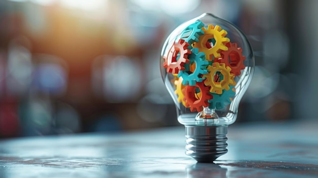 A light bulb filled with gears and a rope styled in bright and bold colors sitting on table gears