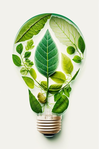 Light bulb filled with green leaves and plant inside of the bulb Generative AI