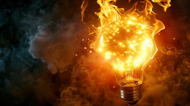 Light bulb on fire glows hot with smoke and sparks flying around photorealistic